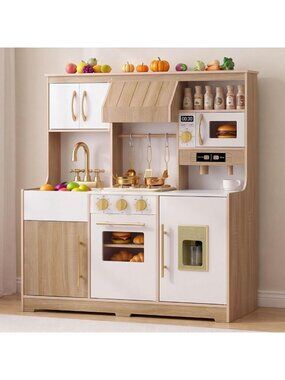 Wooden Play Kitchen Set for Kids with Realistic Lights, Sounds & 12 Accessories